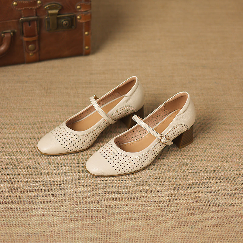 Breathable Leather Heels - Soft Sheepskin Mary Janes - Stable Mid-Heel Summer Shoes