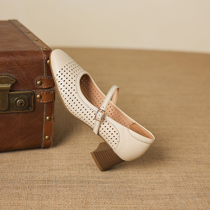 Breathable Leather Heels - Soft Sheepskin Mary Janes - Stable Mid-Heel Summer Shoes