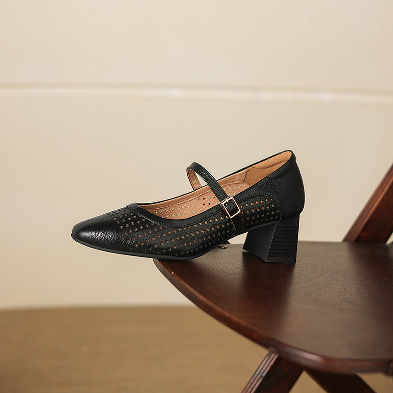 Breathable Leather Heels - Soft Sheepskin Mary Janes - Stable Mid-Heel Summer Shoes