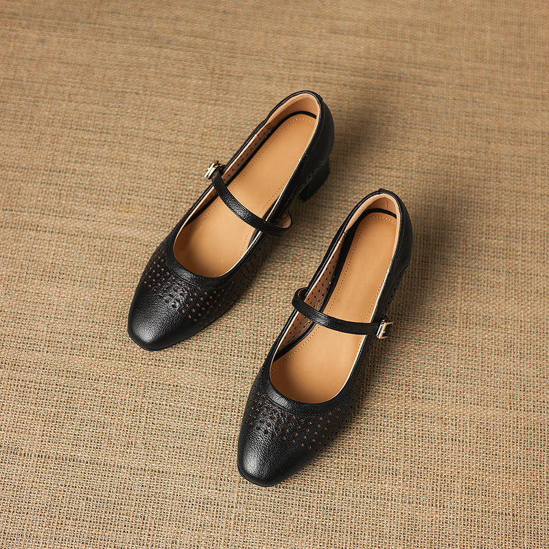 Breathable Leather Heels - Soft Sheepskin Mary Janes - Stable Mid-Heel Summer Shoes