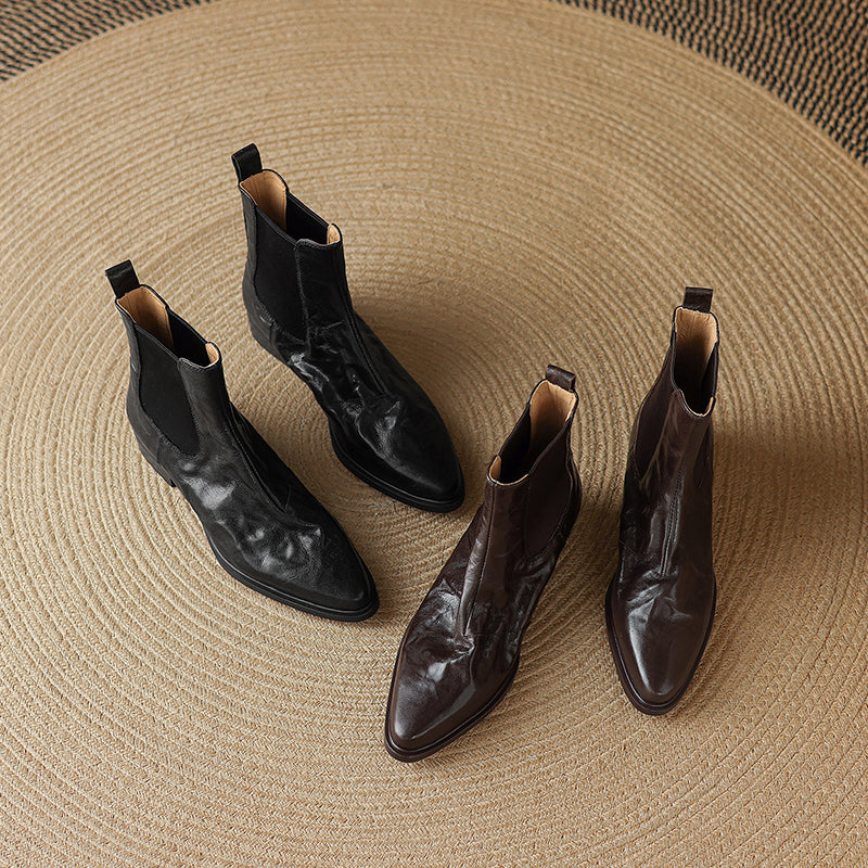 Women's Wrinkled Leather Chelsea Boots Pointed Toe Soft Sheepskin Elastic Slip-on Ankle Booties