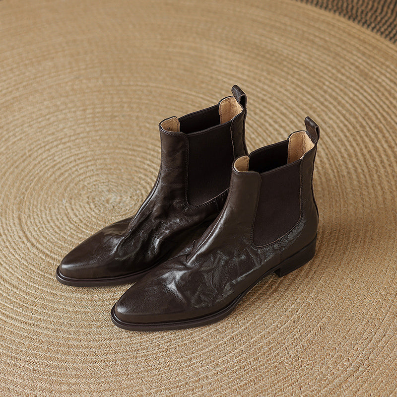 Women's Wrinkled Leather Chelsea Boots Pointed Toe Soft Sheepskin Elastic Slip-on Ankle Booties