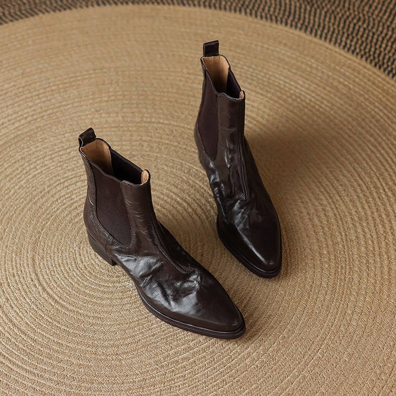 Women's Wrinkled Leather Chelsea Boots Pointed Toe Soft Sheepskin Elastic Slip-on Ankle Booties