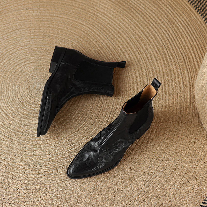 Women's Wrinkled Leather Chelsea Boots Pointed Toe Soft Sheepskin Elastic Slip-on Ankle Booties