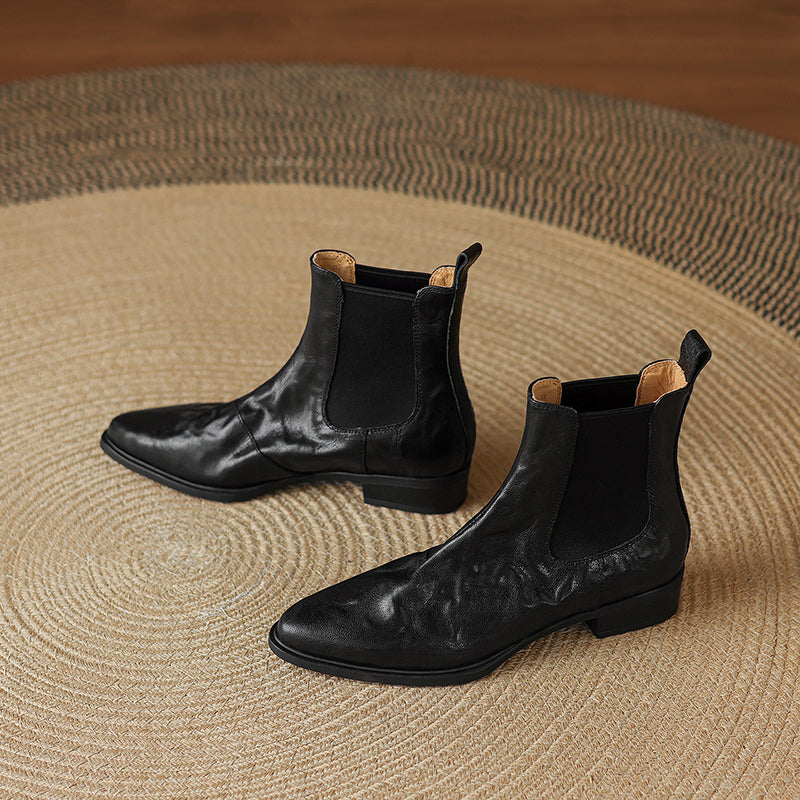 Women's Wrinkled Leather Chelsea Boots Pointed Toe Soft Sheepskin Elastic Slip-on Ankle Booties