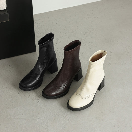 Women's Retro Leather Brogue Boots Vintage Round Toe Block High Heel Ankle Booties