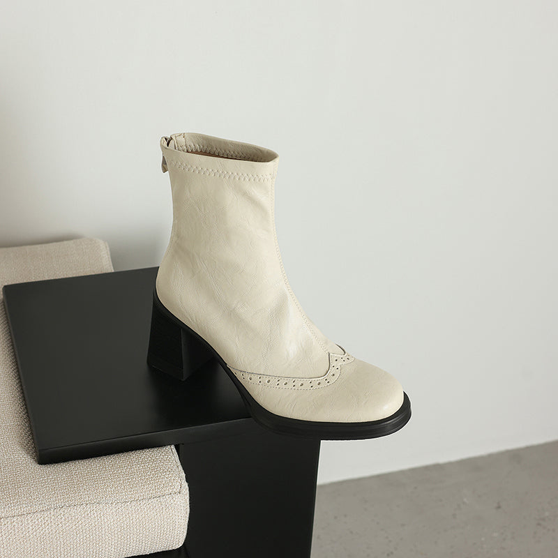 Women's Retro Leather Brogue Boots Vintage Round Toe Block High Heel Ankle Booties