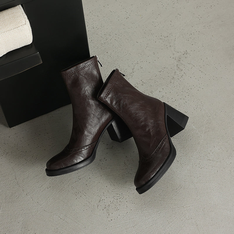 Women's Retro Leather Brogue Boots Vintage Round Toe Block High Heel Ankle Booties
