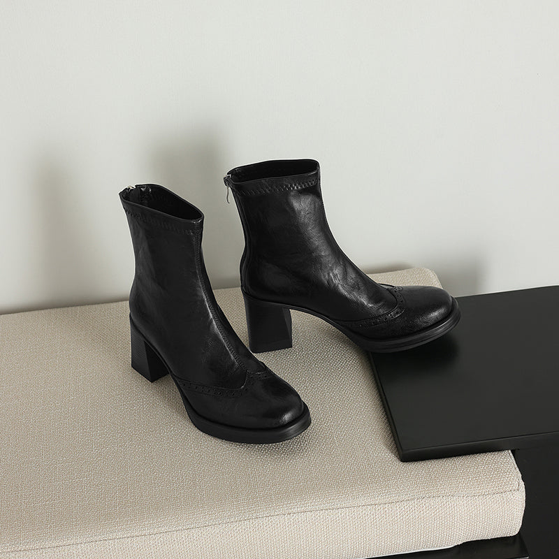 Women's Retro Leather Brogue Boots Vintage Round Toe Block High Heel Ankle Booties