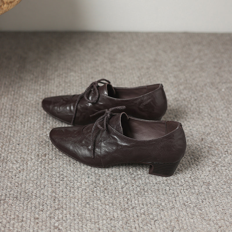 Artisanal Pointed Toe Leather Shoes - Sheepskin Lace-Up Pumps - Stable Mid-Heel Professional Footwear
