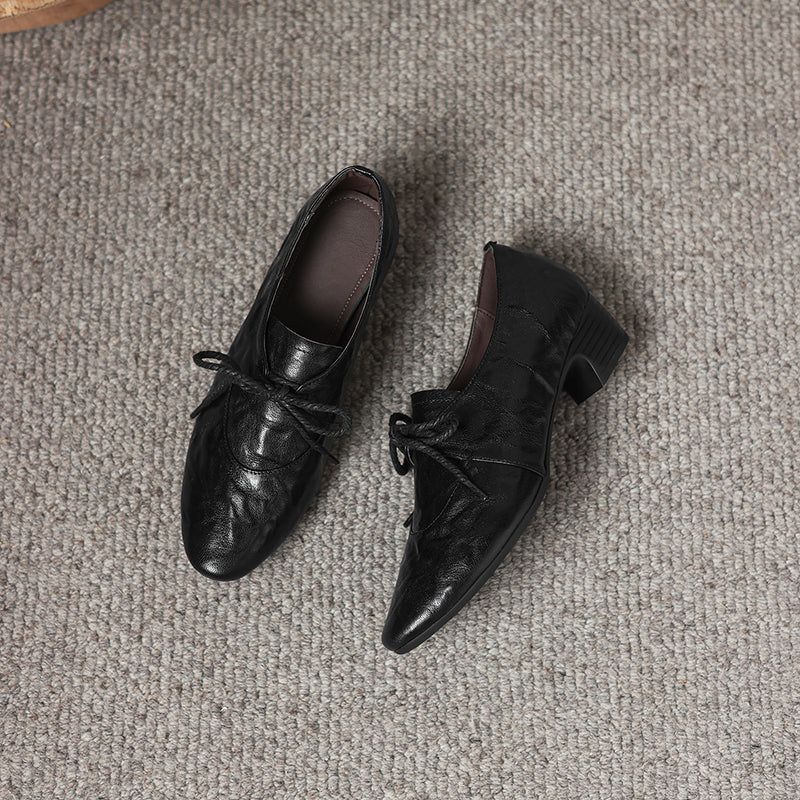 Artisanal Pointed Toe Leather Shoes - Sheepskin Lace-Up Pumps - Stable Mid-Heel Professional Footwear