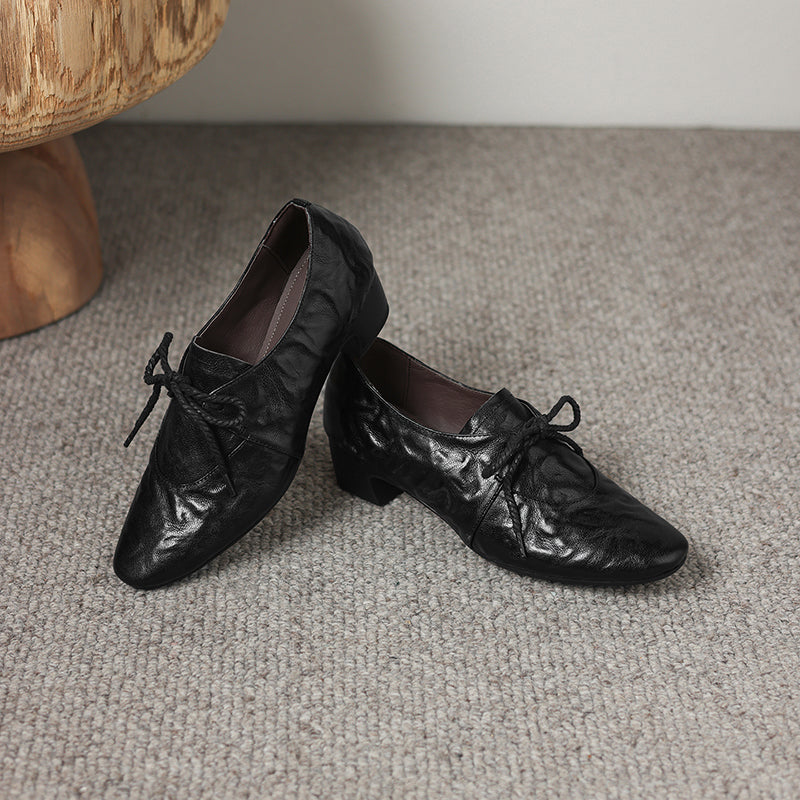 Artisanal Pointed Toe Leather Shoes - Sheepskin Lace-Up Pumps - Stable Mid-Heel Professional Footwear