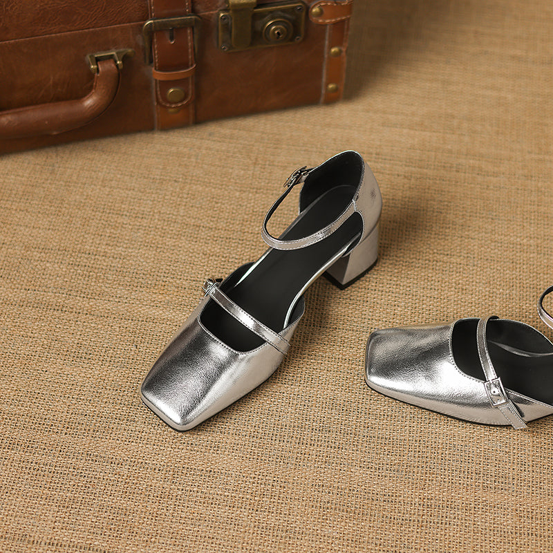 Women’s Sheepskin Square Toe Ankle Strap Block Heel Sandals – Mid Heel Shoes