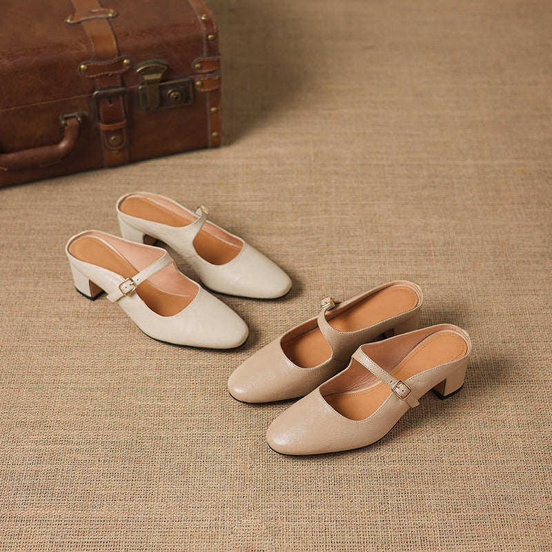 Women's Sheepskin Mary Jane Mules - 5.5cm Chunky Block Heel Adjustable Buckle Strap