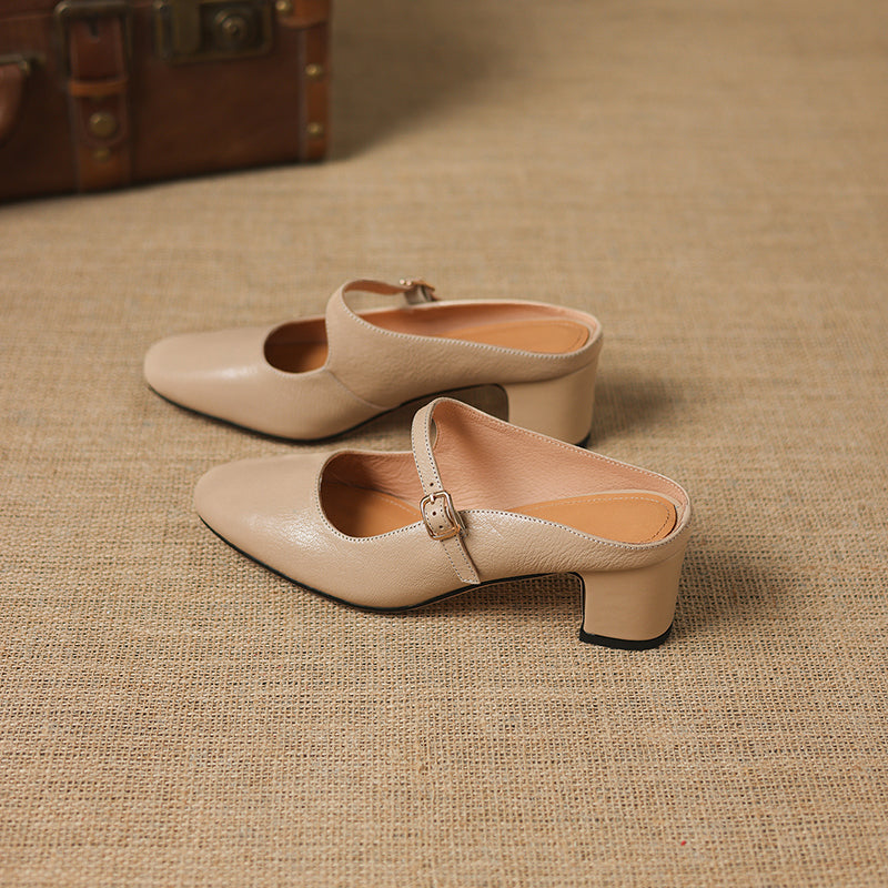 Women's Sheepskin Mary Jane Mules - 5.5cm Chunky Block Heel Adjustable Buckle Strap