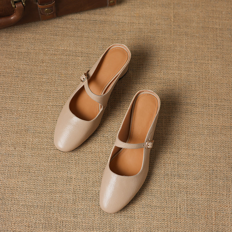 Women's Sheepskin Mary Jane Mules - 5.5cm Chunky Block Heel Adjustable Buckle Strap