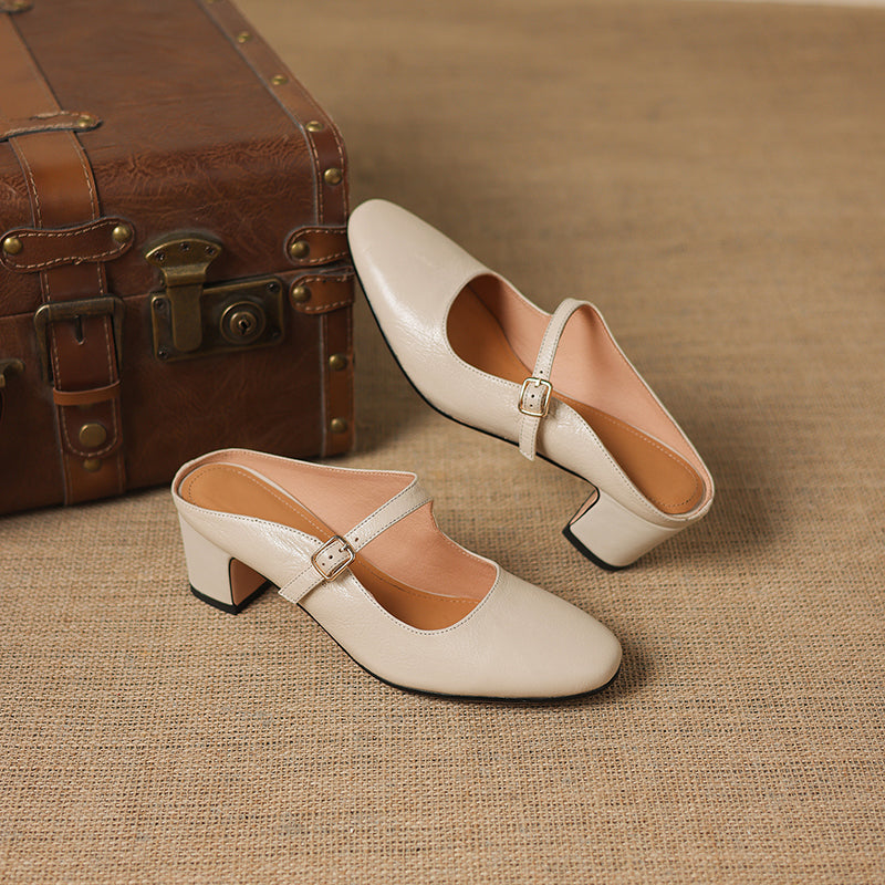 Women's Sheepskin Mary Jane Mules - 5.5cm Chunky Block Heel Adjustable Buckle Strap