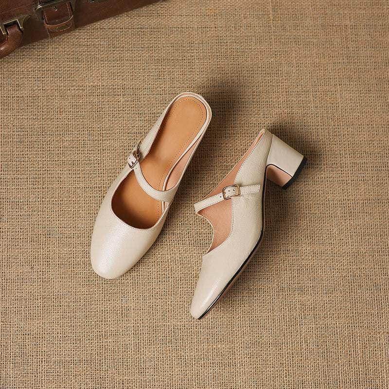 Women's Sheepskin Mary Jane Mules - 5.5cm Chunky Block Heel Adjustable Buckle Strap