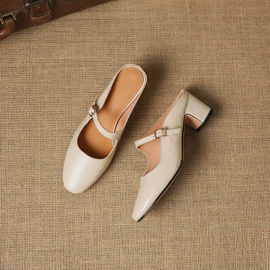 Women's Sheepskin Mary Jane Mules - 5.5cm Chunky Block Heel Adjustable Buckle Strap