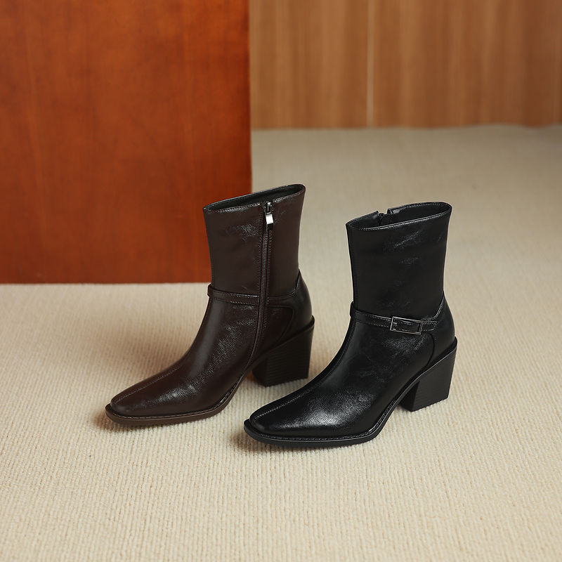 Women's Retro Cowhide Ankle Boots Square Toe Buckle Strap Chunky High Heel Zipper Booties