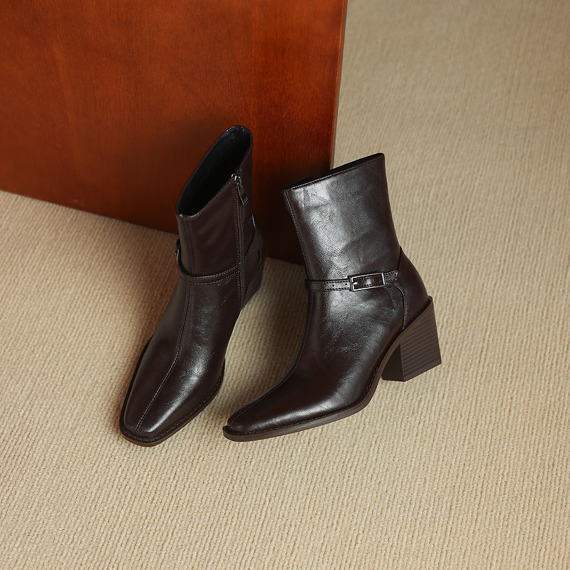 Women's Retro Cowhide Ankle Boots Square Toe Buckle Strap Chunky High Heel Zipper Booties