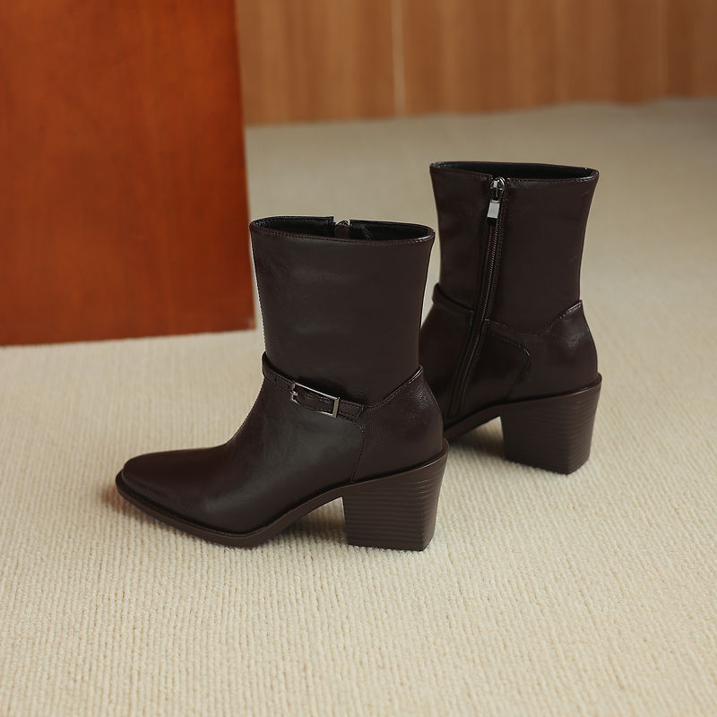 Women's Retro Cowhide Ankle Boots Square Toe Buckle Strap Chunky High Heel Zipper Booties