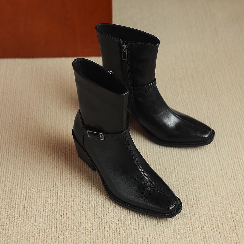 Women's Retro Cowhide Ankle Boots Square Toe Buckle Strap Chunky High Heel Zipper Booties