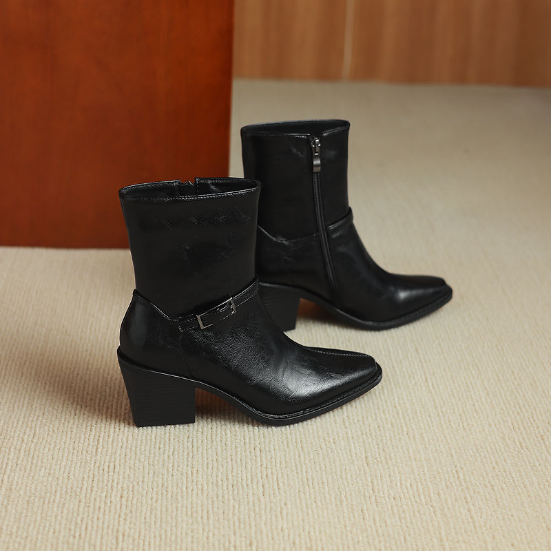Women's Retro Cowhide Ankle Boots Square Toe Buckle Strap Chunky High Heel Zipper Booties