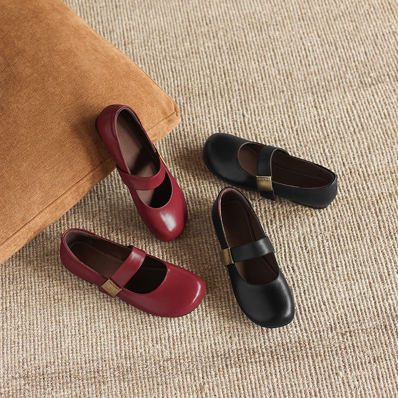 Women's Minimalist Soft Leather Flats - Round Toe Mary Janes with Velcro Strap