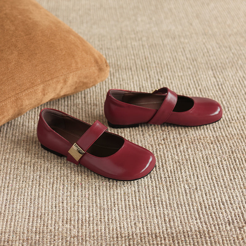 Women's Minimalist Soft Leather Flats - Round Toe Mary Janes with Velcro Strap