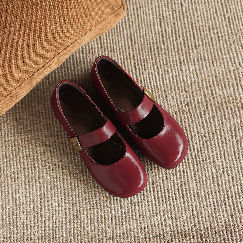 Women's Minimalist Soft Leather Flats - Round Toe Mary Janes with Velcro Strap