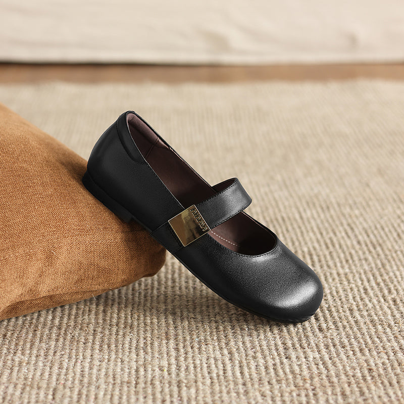Women's Minimalist Soft Leather Flats - Round Toe Mary Janes with Velcro Strap