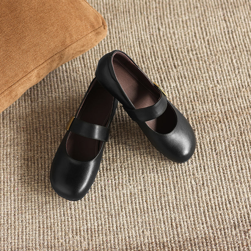 Women's Minimalist Soft Leather Flats - Round Toe Mary Janes with Velcro Strap