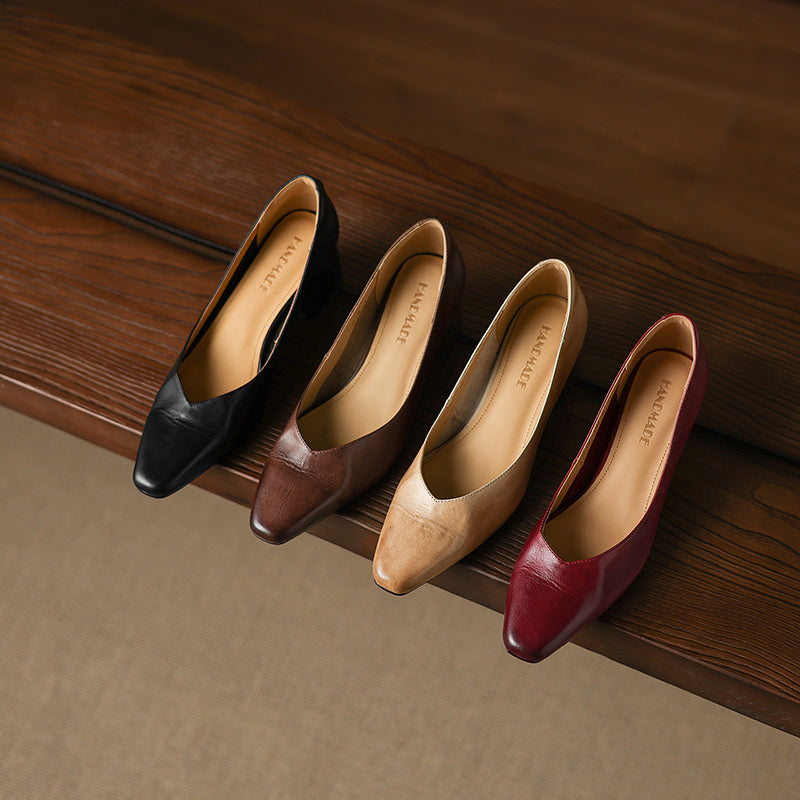 Modern Square-Toe Leather Heels - Hand-Burnished Office Pumps - Luxurious Sheepskin Cushioned Insole