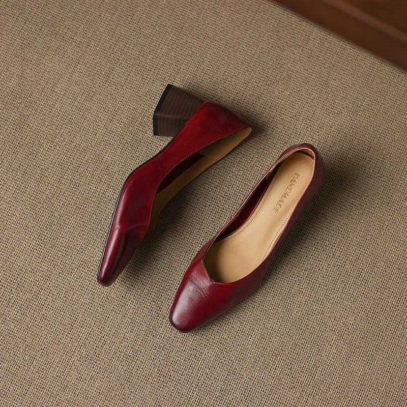 Modern Square-Toe Leather Heels - Hand-Burnished Office Pumps - Luxurious Sheepskin Cushioned Insole