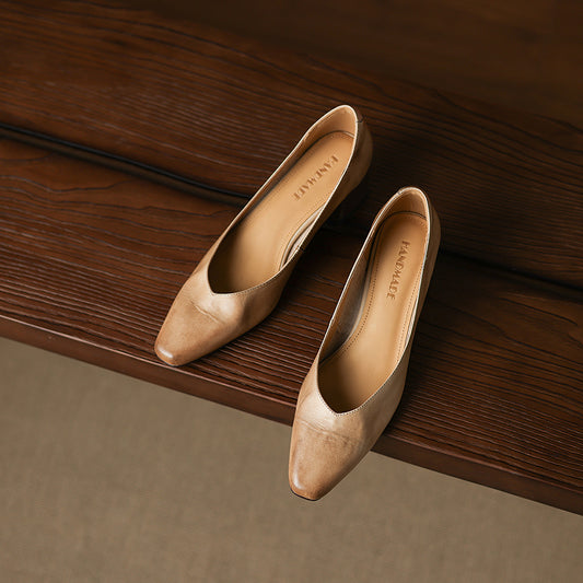 Modern Square-Toe Leather Heels - Hand-Burnished Office Pumps - Luxurious Sheepskin Cushioned Insole