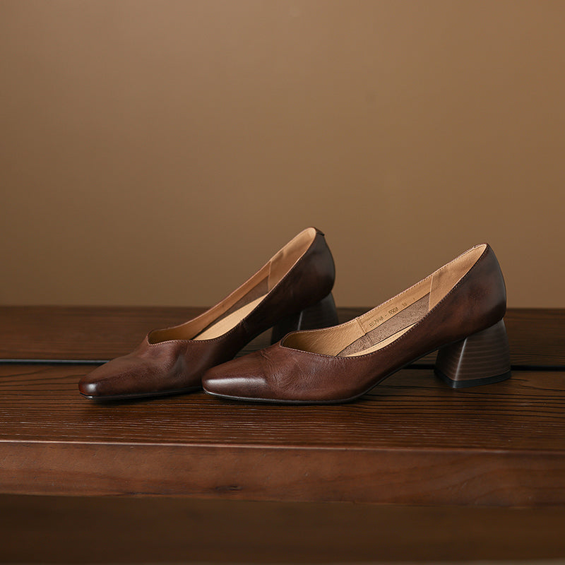 Modern Square-Toe Leather Heels - Hand-Burnished Office Pumps - Luxurious Sheepskin Cushioned Insole