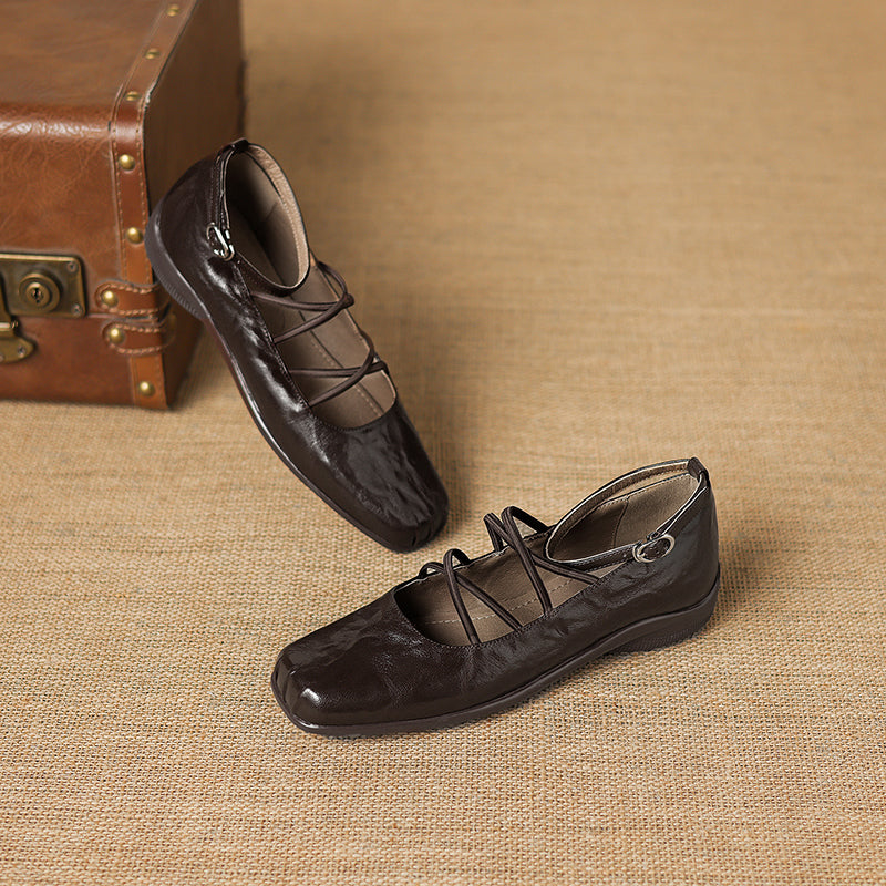Women's Sheepskin Flats - Block Heel - Square Toe Strappy Mary Janes