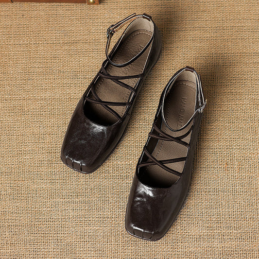 Women's Sheepskin Flats - Block Heel - Square Toe Strappy Mary Janes