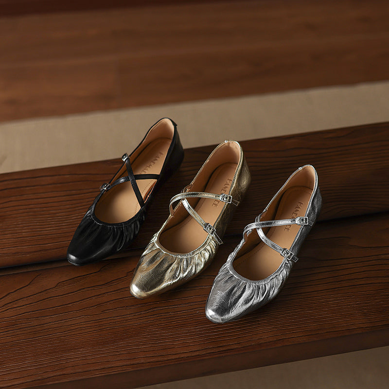 Soft Lambskin Ballet Flats with Pleated Toe - Elegant Cross-Strap Mary Janes