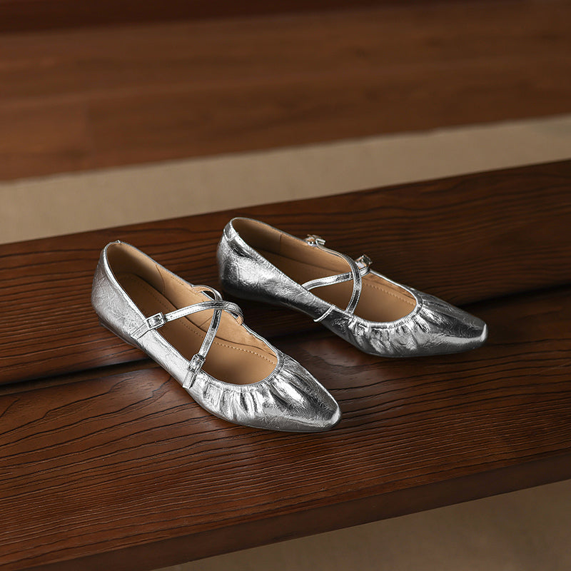 Soft Lambskin Ballet Flats with Pleated Toe - Elegant Cross-Strap Mary Janes