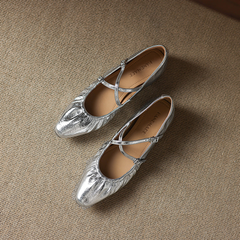 Soft Lambskin Ballet Flats with Pleated Toe - Elegant Cross-Strap Mary Janes