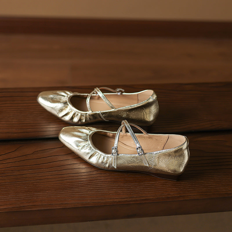 Soft Lambskin Ballet Flats with Pleated Toe - Elegant Cross-Strap Mary Janes