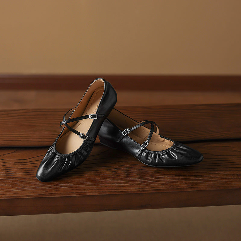 Soft Lambskin Ballet Flats with Pleated Toe - Elegant Cross-Strap Mary Janes