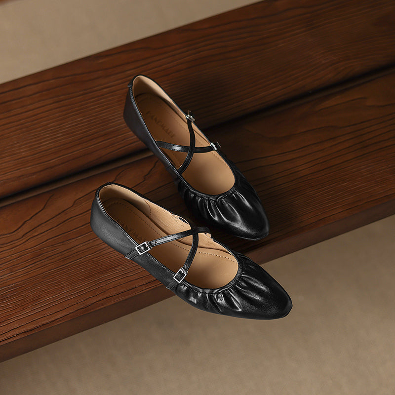 Soft Lambskin Ballet Flats with Pleated Toe - Elegant Cross-Strap Mary Janes