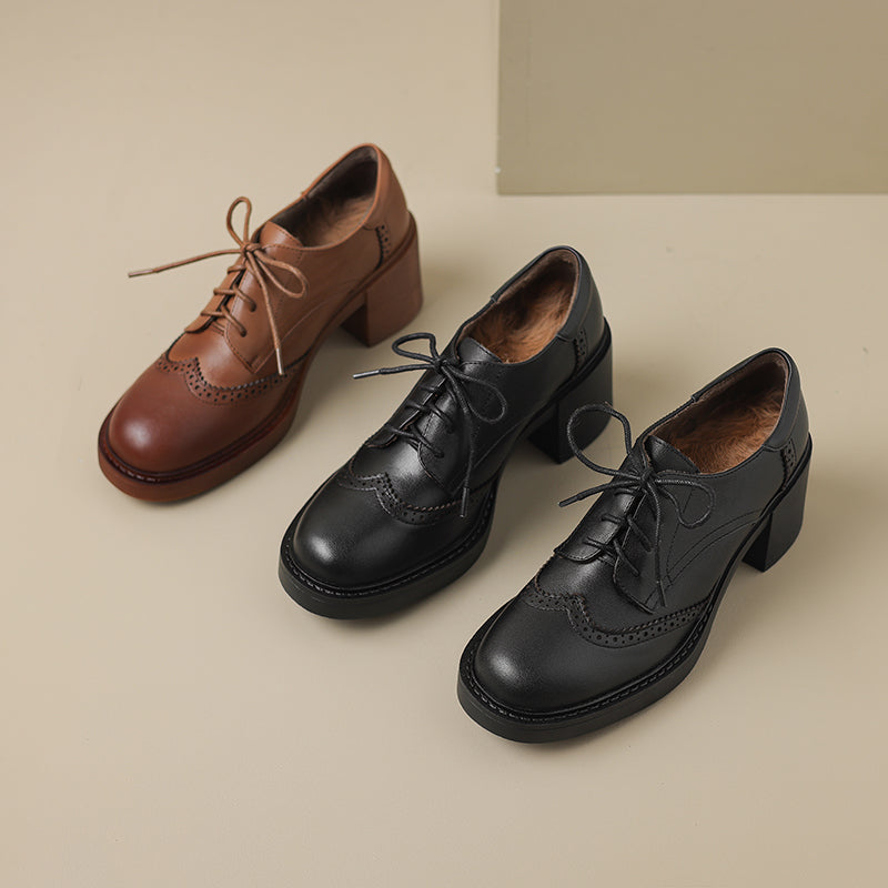 Women's Leather Brogue Oxfords Winter Warm Fur Lined Round Toe Lace-up Block Heel Pumps