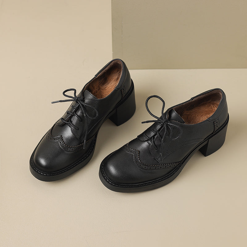 Women's Leather Brogue Oxfords Winter Warm Fur Lined Round Toe Lace-up Block Heel Pumps