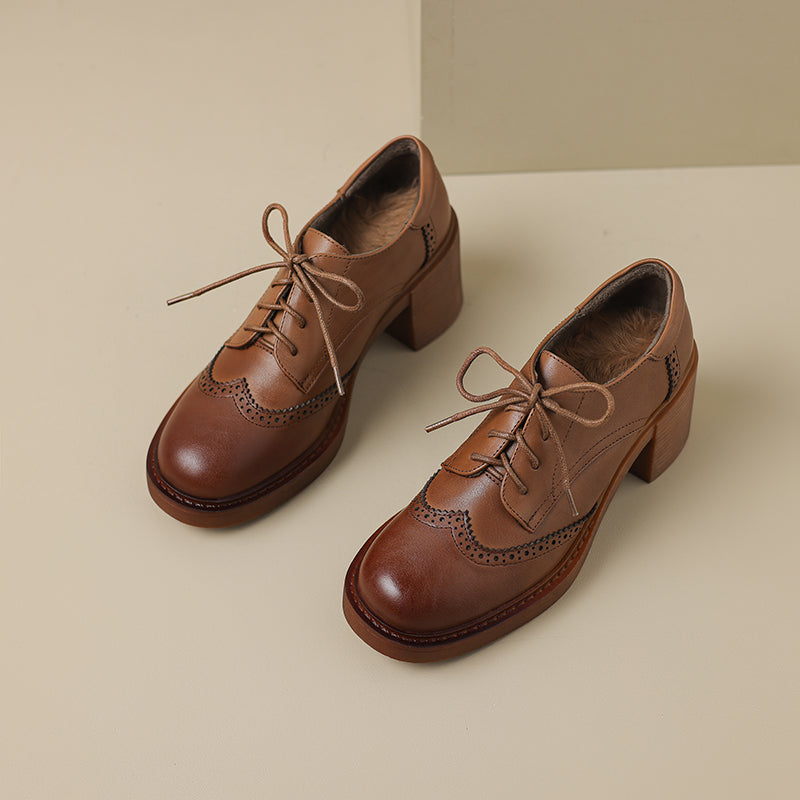 Women's Leather Brogue Oxfords Winter Warm Fur Lined Round Toe Lace-up Block Heel Pumps