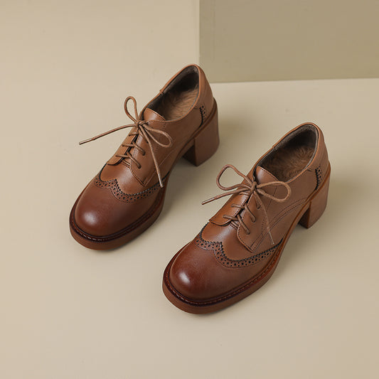 Women's Leather Brogue Oxfords Winter Warm Fur Lined Round Toe Lace-up Block Heel Pumps