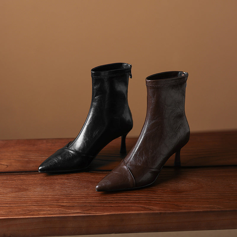 Women's Stretch Leather Ankle Boots Pointed Toe Kitten Stiletto High Heel Sock Booties